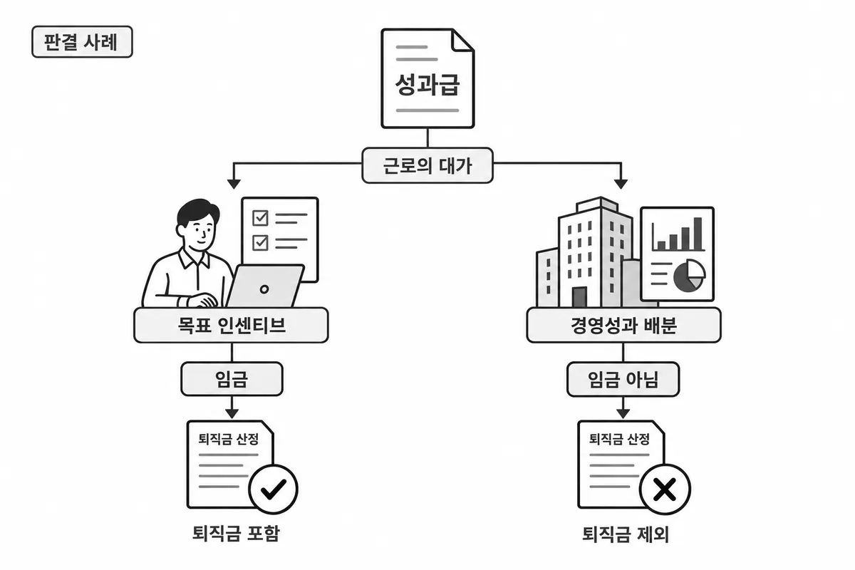 판결 사례: 성과급이 근로의 대가인지에 따라 목표 인센티브는 임금이라 퇴직금 포함, 경영성과 배분은 임금 아님이라 퇴직금 제외로 갈리는 그림