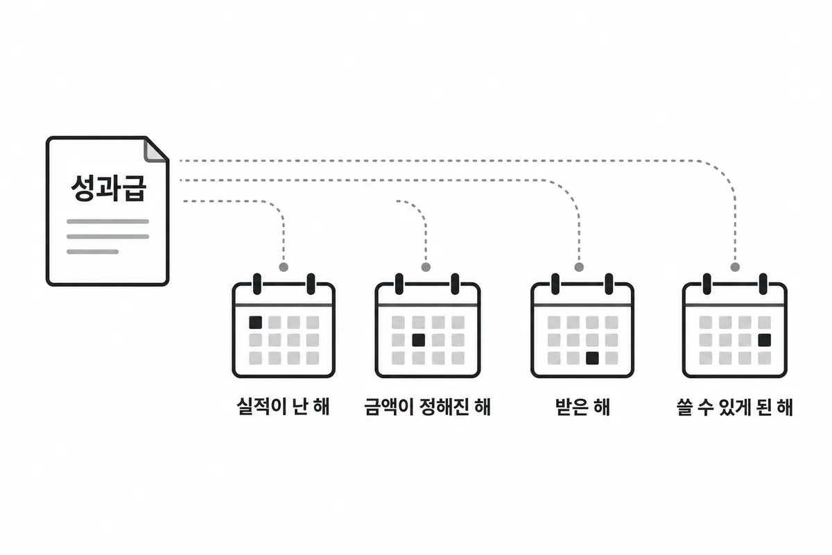 성과급 문서 한 장에서 실적이 난 해, 금액이 정해진 해, 받은 해, 쓸 수 있게 된 해 네 달력으로 갈라지는 그림