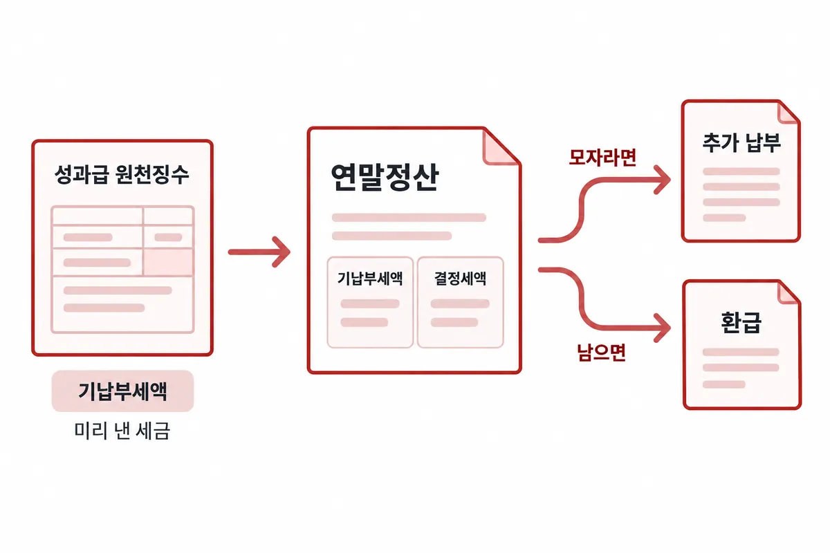 성과급 원천징수와 연말정산: 성과급에서 뗀 세금은 기납부세액, 연말정산에서 결정세액과 비교해 모자라면 추가 납부, 남으면 환급
