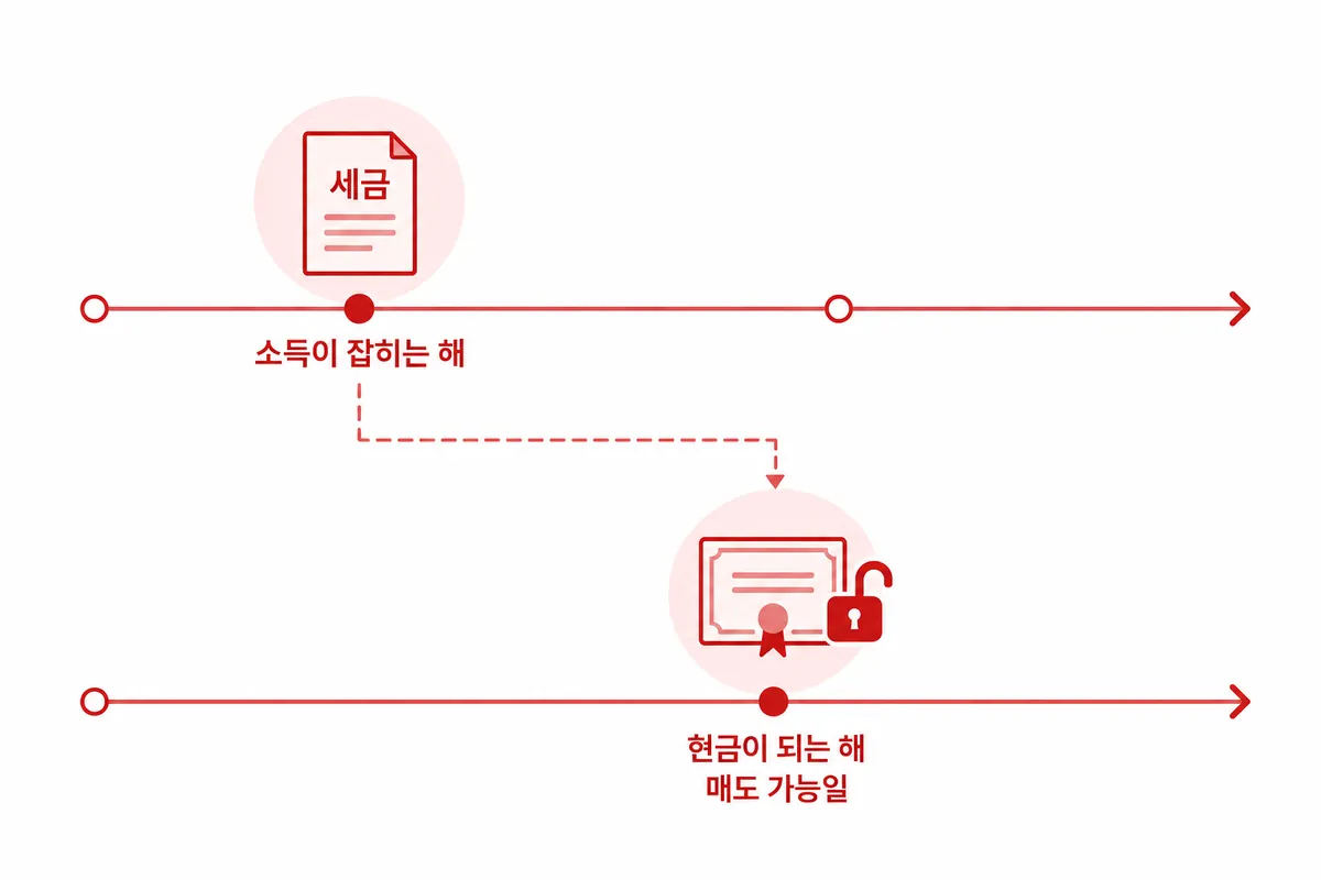 두 시간축 중 위는 세금이 붙는 소득이 잡히는 해, 아래는 매도 가능일에 현금이 되는 해로, 두 시점이 갈라진 그림