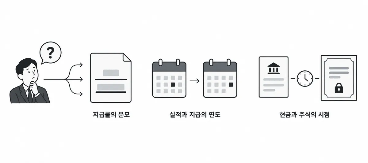 질문하는 사람에서 지급률의 분모, 실적과 지급의 연도, 현금과 주식의 시점 세 갈래로 답이 갈리는 그림