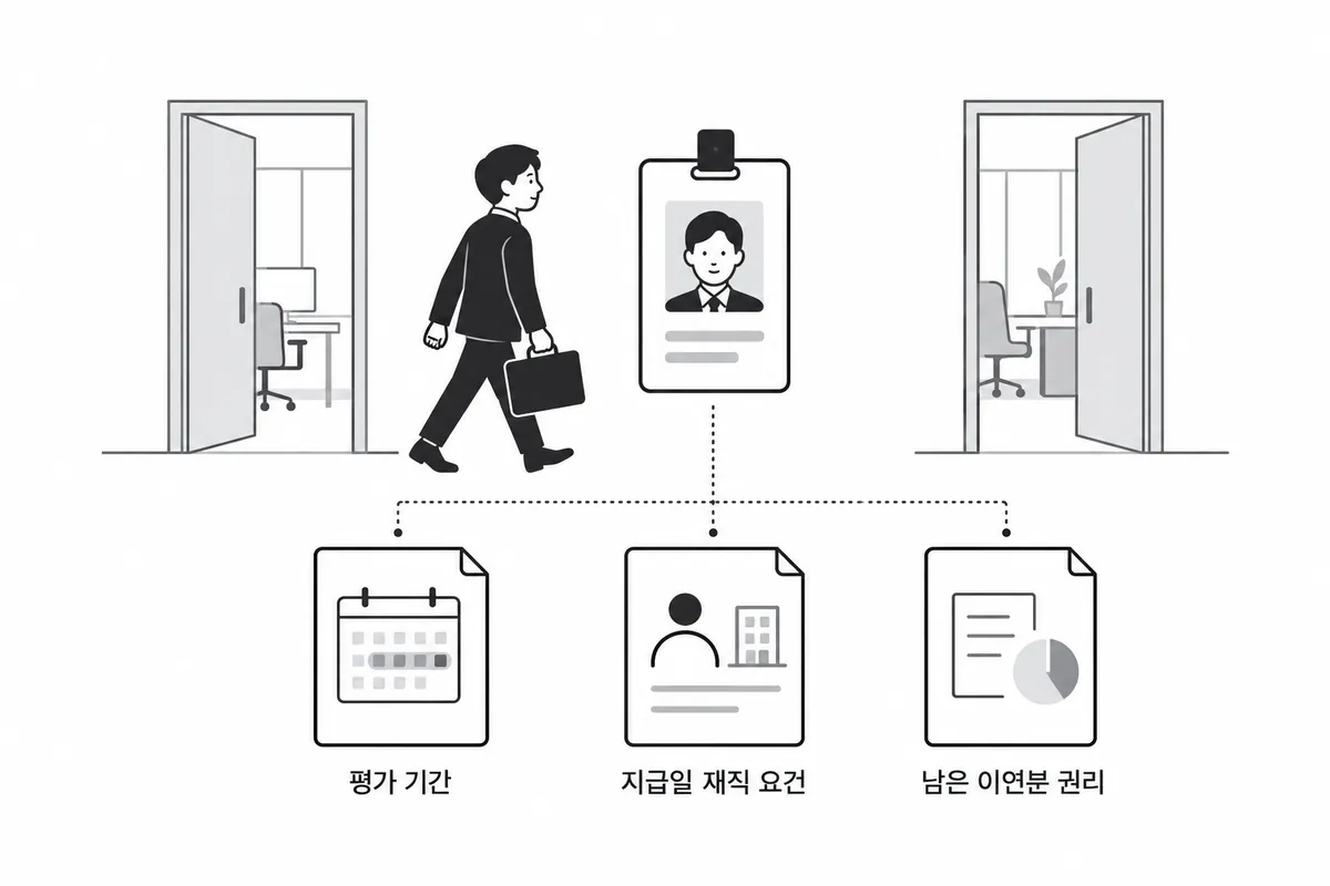 사무실을 옮기는 직원과 사원증 아래로 평가 기간, 지급일 재직 요건, 남은 이연분 권리 세 문서가 이어진 그림