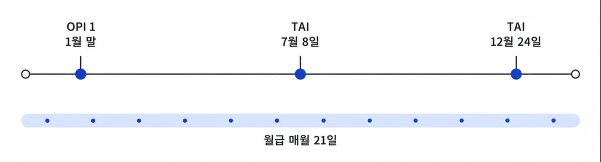 삼성전자 DS 한 해 지급 시기: OPI 1 1월 말, TAI 7월 8일, TAI 12월 24일, 월급 매월 21일