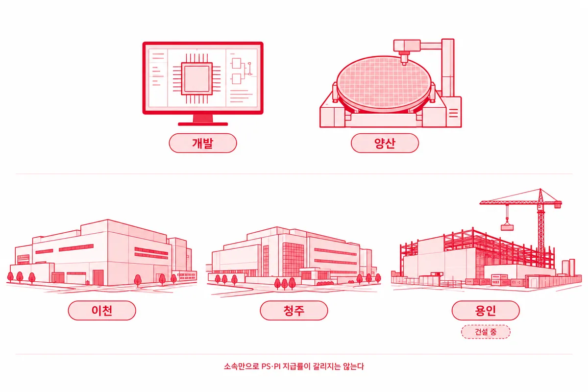 개발과 양산 조직, 이천·청주 캠퍼스와 건설 중인 용인 캠퍼스를 나란히 놓고 소속만으로 PS·PI 지급률이 갈리지는 않는다고 적은 그림