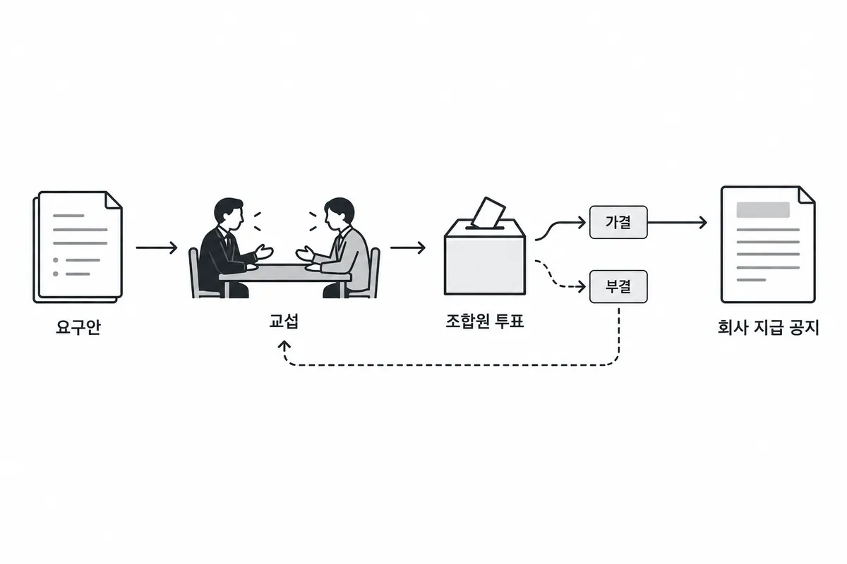 요구안, 교섭, 조합원 투표를 거쳐 가결이면 회사 지급 공지로, 부결이면 다시 교섭으로 돌아가는 흐름 그림