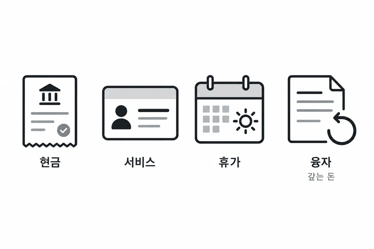 복지의 네 형태 현금, 서비스, 휴가, 융자를 나란히 놓고 융자에는 갚는 돈이라고 적은 그림